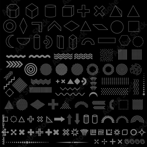 Geometric shapes set of 110 elements, trendy memphis design, retro linear elements,templates on black