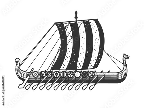 Viking ship sketch engraving vector illustration. T-shirt apparel print design. Scratch board imitation. Black and white hand drawn image.