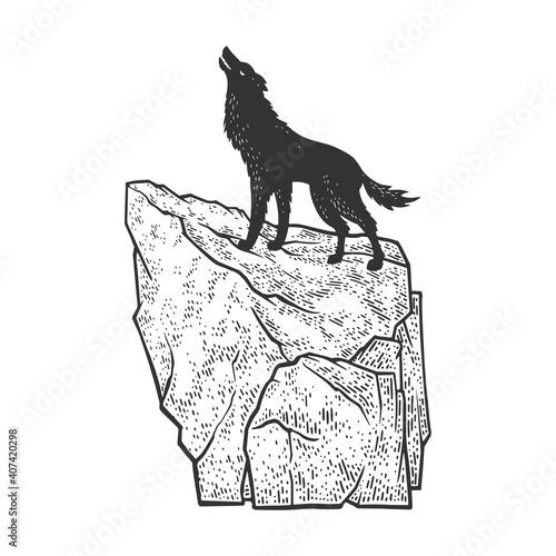 coyote wolf howling on rock sketch engraving vector illustration. T-shirt apparel print design. Scratch board imitation. Black and white hand drawn image.