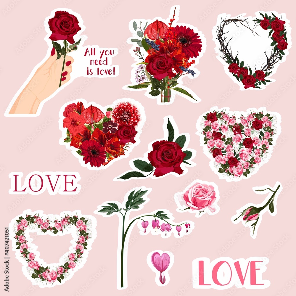 Set of Valentines day doodle sticker flat illustration. Collection of love symbol and romantic elements cartoon character. Hand drawn 14 february isolated bundle.
