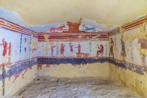 The chamber of the tomb of giocolieri in the Etruscan necropolis of Monterozzi in Tarquinia Italy. The necropolis is a world heritage site. photo