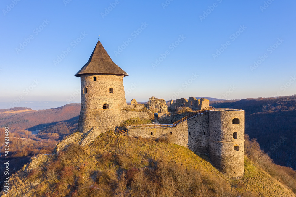 Fototapeta premium Šiatorská Bukovinka, Slovakia - Amazing aerial view of the famous Castle of Somosko. Slovakian name is Šomoška hrad, Hungarian name is Somoskői vár.