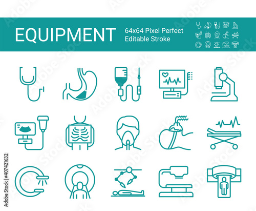 Set of icons of medical equipment. Stethoscope, Mri scanner, ultrasound, x-ray, endoscopy. Editable vector stroke. 64x64 Pixel Perfect.