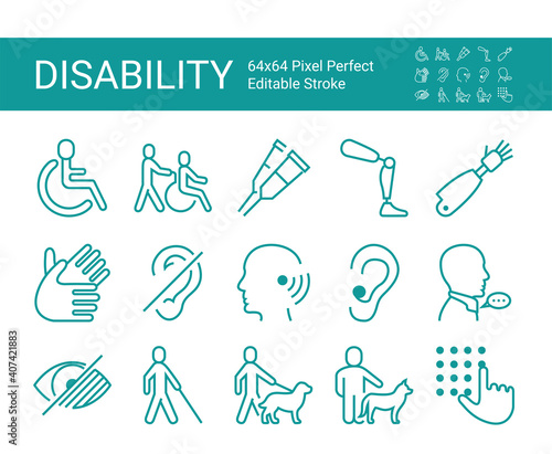 Set of icons of disability. Editable vector stroke. 64x64 Pixel Perfect.