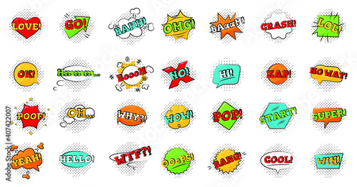 Big collection of lettering symbols, stickers, labels, advertising signs, isolated on white background in pop art style. Vector illustration