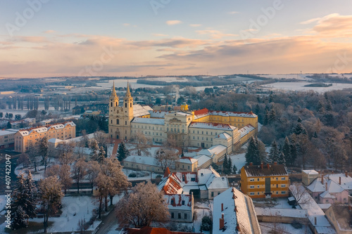 Aerial view of Zirc Abbey on a winter morning. Also known as Zircensis or Boccon, is a Cistercian abbey, situated in Zirc in the Diocese of Veszprém, Hungary. Hungarian name is Zirci apátság.