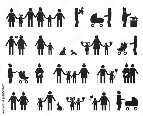 Collection of family signs or logos isolated on white background. Includes Icons Such As Motherhood, Fatherhood, Grandparents, Relatives, Children, Newborn. Vector illustration