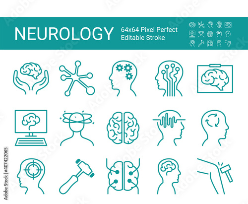 Set of icons of neurology. Vector icon as brain, neurologist, nervous system, nerves, equipment. Editable vector stroke. 64x64 Pixel Perfect.