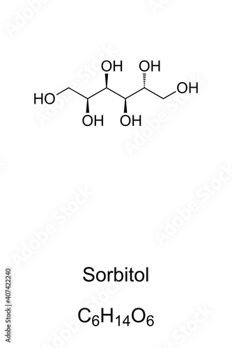 Sorbitol, chemical formula and skeletal structure. Also called glucitol. Sugar alcohol, used as sweetener, sugar substitute, food additive, in medicine and health care. Illustration over white. Vector