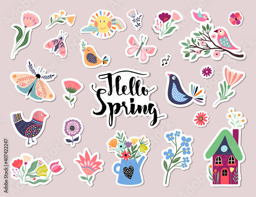 Hello spring stickers collection with different seasonal elements