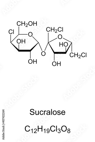 Sucralose, chemical formula and skeletal structure. Artificial sweetener and sugar substitute. E955, a noncaloric, 300 to 1000 times sweeter than table sugar. Isolated illustration over white. Vector.