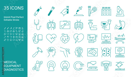 Set of icons of medical diagnostics and equipment. Stethoscope, Mri scanner, ultrasound, x-ray, endoscopy, tonometer. Editable vector stroke. 64x64 Pixel Perfect.