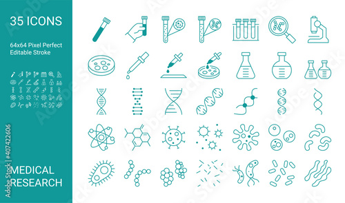 Set of icons of medical research. Thin line icon of dna, medicine, science test, lab, test tube. Editable vector stroke. 64x64 Pixel Perfect.