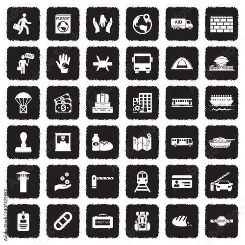 Refugee Icons. Grunge Black Flat Design. Vector Illustration.