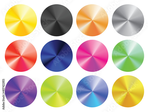 A vector set of round clean templates with shiny metal chrome gradient of different colors: silver, gold, bronze, black, red, green, pink, blue. Can be used as a retail label, badge or a sticker.