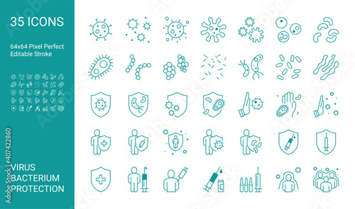 Set of thin line icon set with bacterium, virus, microbe and protection shield. 64x64 Pixel Perfect. Editable Stroke.