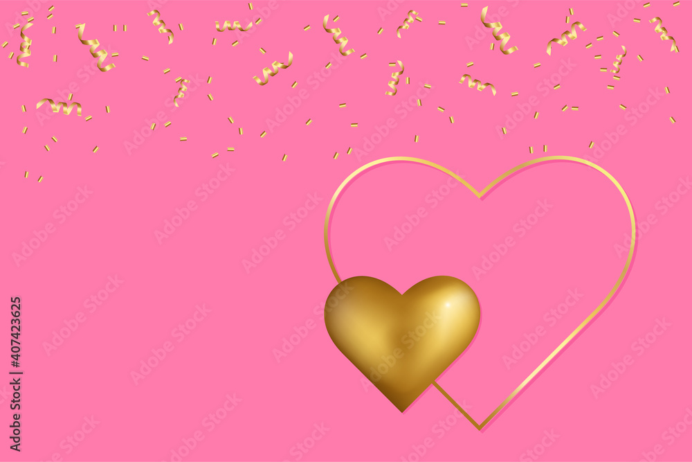 Vector pink Valentine's day background with golden hearts and confetti.