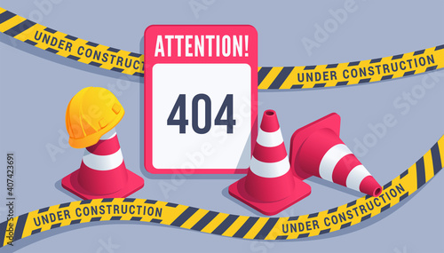 isometric vector illustration on gray background, traffic cones with sign and construction helmet, safety tape with inscription under construction