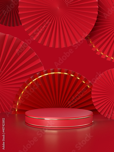 Paper fan medallion chinese new year decoration with podium on background. Concept of Happy Chinese New Year festival background. 3D rendering