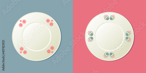 Set of two vector plates with blue and pink floral ornaments.