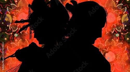 Quadro su tela Silhouette of a Japanese  geisha and samurai in the burning fire