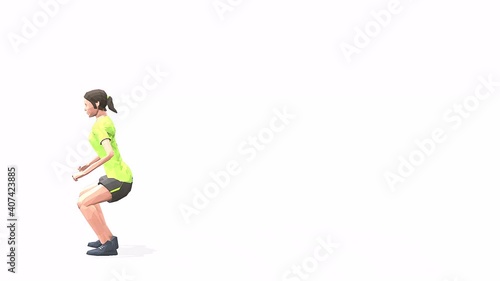 Woman exercise animation 3d model on a white background in the t-shirt. Low Poly Style. Turntable camera view