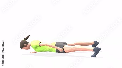 Woman exercise animation 3d model on a white background in the t-shirt. Low Poly Style. Turntable camera view