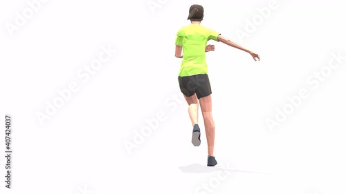 Woman exercise animation 3d model on a white background in the t-shirt. Low Poly Style. Turntable camera view