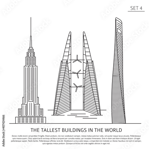 The tallest buildings in the world. Skyscrapers simple line icon set isolated on white