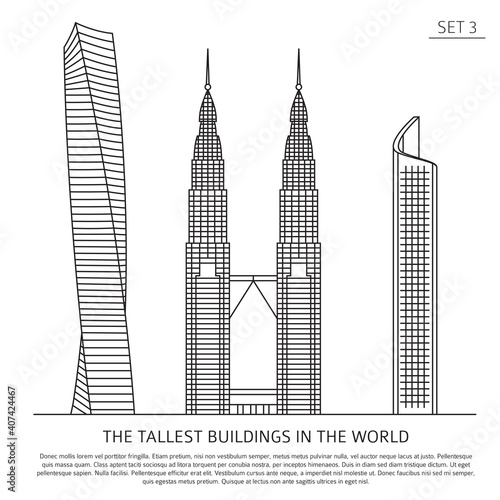 The tallest buildings in the world. Skyscrapers simple line icon set isolated on white