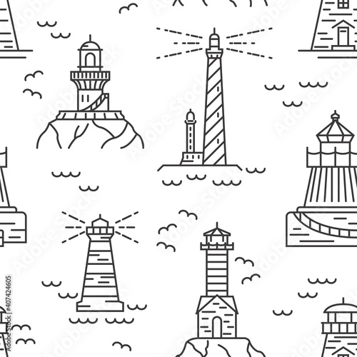 Lighthouses seamless pattern. Thin line vector design