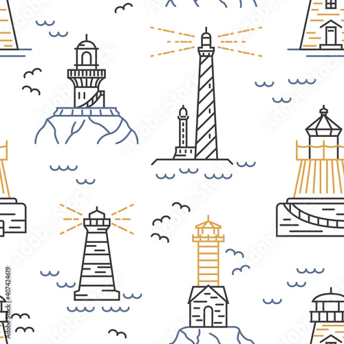 Lighthouses seamless pattern. Thin line vector design