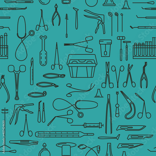 Medical instruments thin linear icon set. Gynecology, otorhinolaryngology, dentistry, surgery, therapy seamless pattern