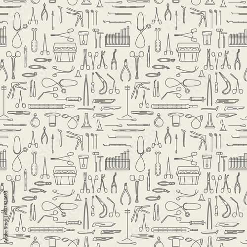 Medical instruments thin linear icon set. Gynecology, otorhinolaryngology, dentistry, surgery, therapy seamless pattern