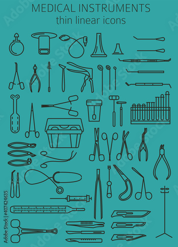 Medical instruments thin linear icon set. Gynecology, otorhinolaryngology, dentistry, surgery, therapy and other