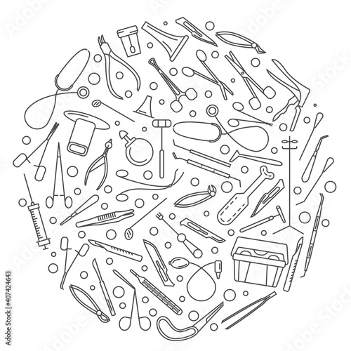 Medical instruments thin linear infographic design. Gynecology, otorhinolaryngology, dentistry, surgery, therapy and other