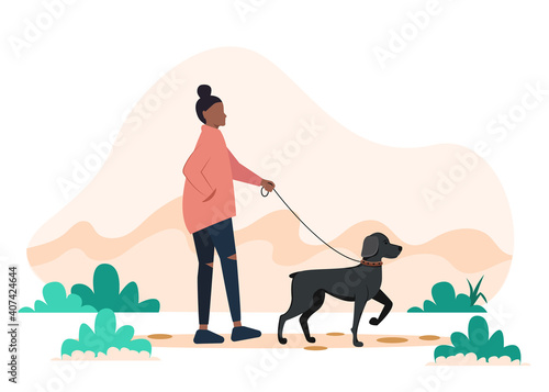 African American woman walking the dog. Vector illustration in flat style, concept illustration for healthy lifestyle, sport, exercising
