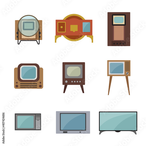 Television history. Evolution. Flat colour design vector icon set