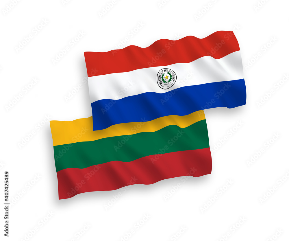 Fototapeta premium National vector fabric wave flags of Lithuania and Paraguay isolated on white background. 1 to 2 proportion.