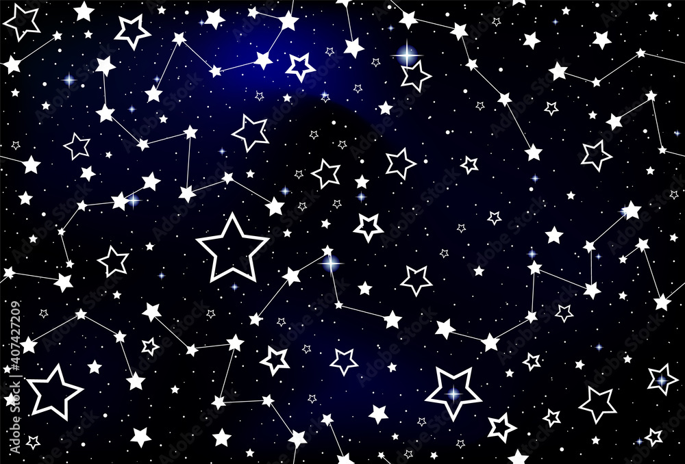 Fototapeta premium Beautiful decorative vector seamless pattern with hand drawn stars and constellations