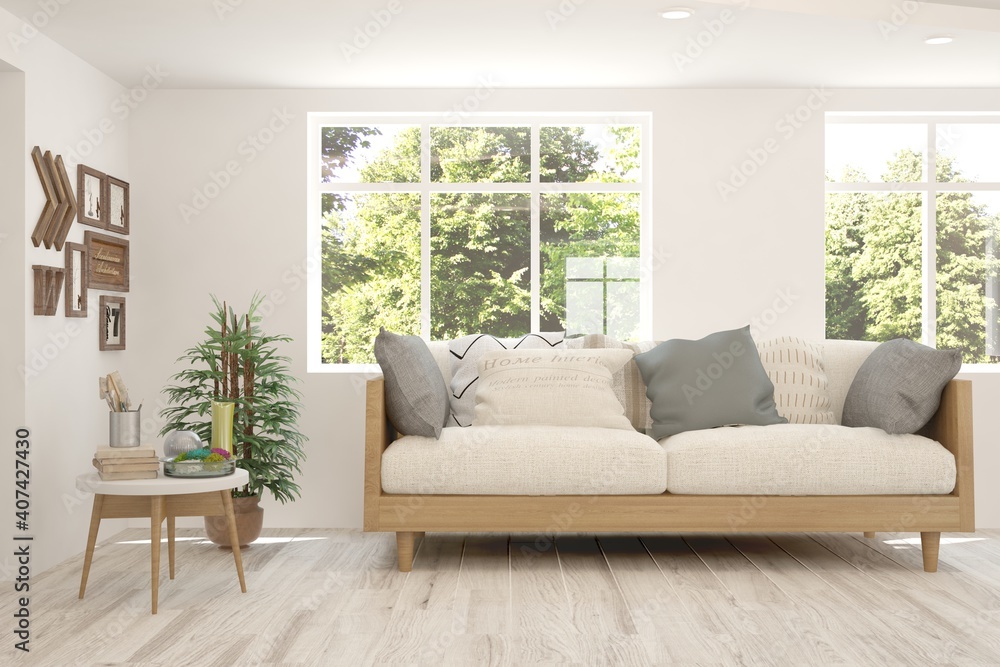 White living room with sofa and summer landscape in window. Scandinavian interior design. 3D illustration