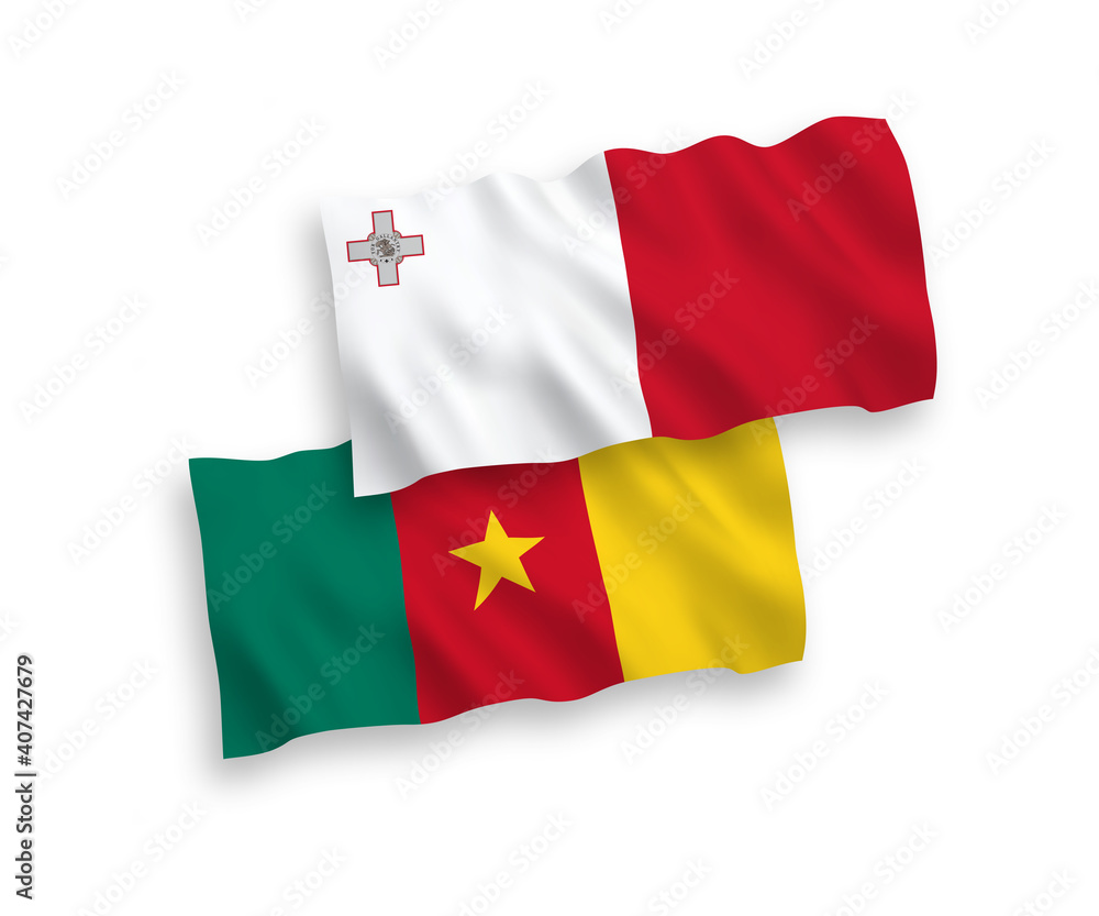 National vector fabric wave flags of Malta and Cameroon isolated on white background. 1 to 2 proportion. National vector fabric wave flags of Malta and Cameroon isolated on white background. 1 to 2 proportion.