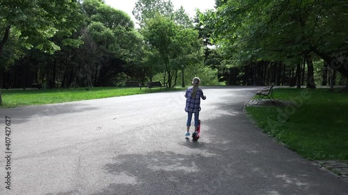 Wallpaper Mural Kid Riding Scooter in Park, Child Playing Outdoor Doing Sport,  Girl Relaxing in Nature, Healthy Activity Torontodigital.ca