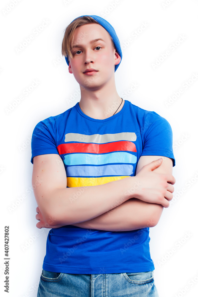 young handsome teenage hipster guy in hat posing emotional, happy smiling against white background isolated, lifestyle people concept young handsome teenage hipster guy in hat posing emotional, happy smiling against white background isolated, lifestyle people concept