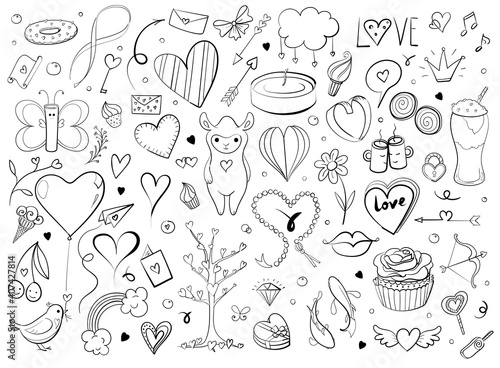 Hand drawn sketchy doodles for love and Valentine s Day objects and signs. Typography and callygraphy