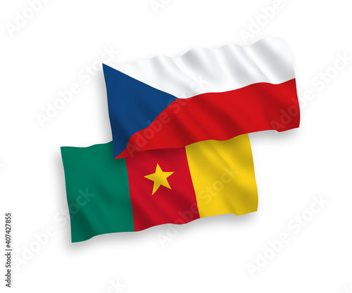National vector fabric wave flags of Czech Republic and Cameroon isolated on white background. 1 to 2 proportion.