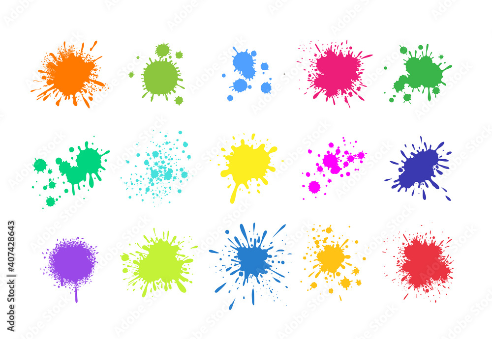 Paint splashes. Grunge colored splatters. Blotter spots. liquid paint drip drop splash set. Vector colorful ink stains. Abstract splats. Isolated on white background Paint splashes. Grunge colored splatters. Blotter spots. liquid paint drip drop splash set. Vector colorful ink stains. Abstract splats. Isolated on white background