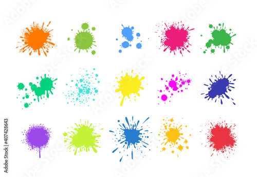 Paint splashes. Grunge colored splatters. Blotter spots. liquid paint drip drop splash set. Vector colorful ink stains. Abstract splats. Isolated on white background