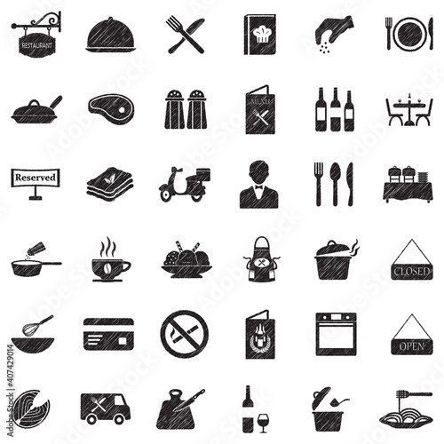 Restaurant Icons. Black Scribble Design. Vector Illustration.