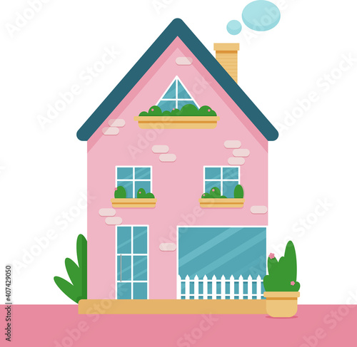 Pink cozy dollish house with plants and windows. Vector illustration.